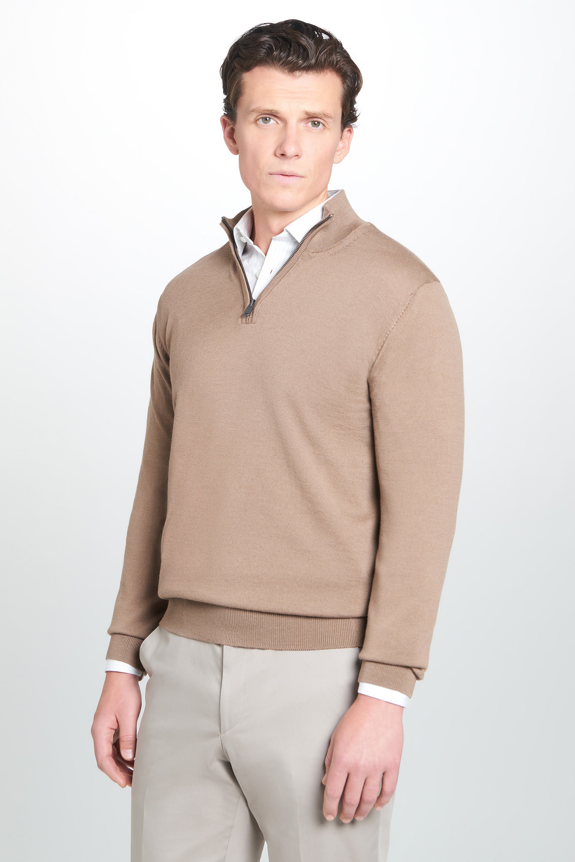 Camel Merino Wool Zip Neck Sweater