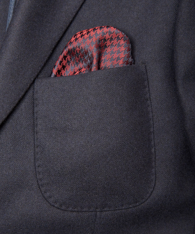 Navy Blue & Red Houndstooth Woven Silk Pocket Square