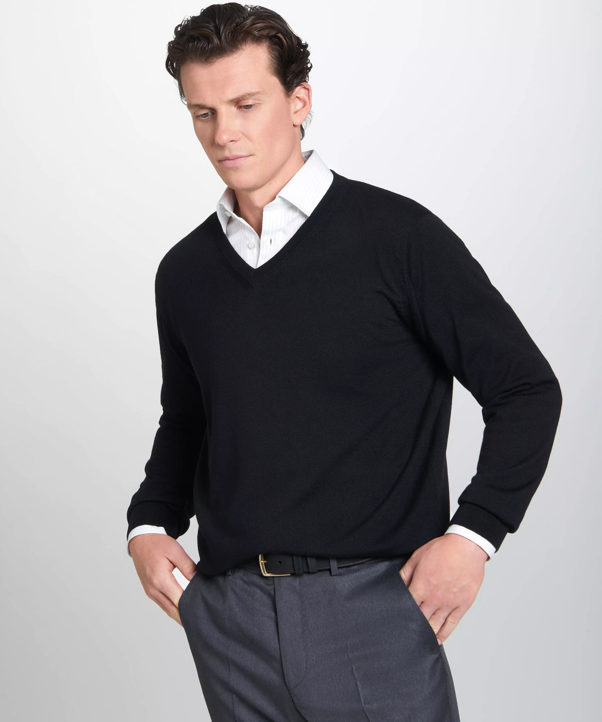 Black Merino Wool V-Neck Sweater