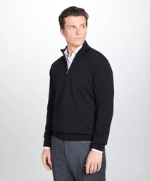 Black Merino Wool Zip Neck Sweater