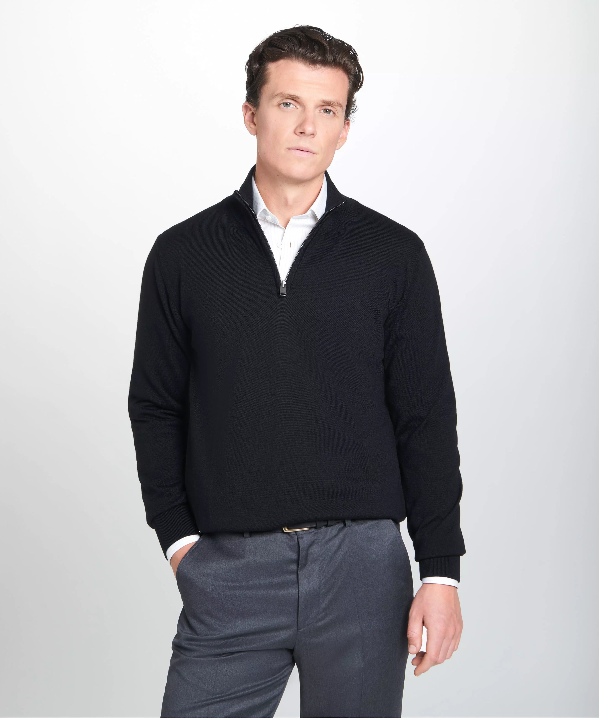 Black Merino Wool Zip Neck Sweater