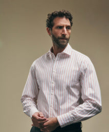 White & Red Tailored Fit Wide Pin Stripe Formal Shirt