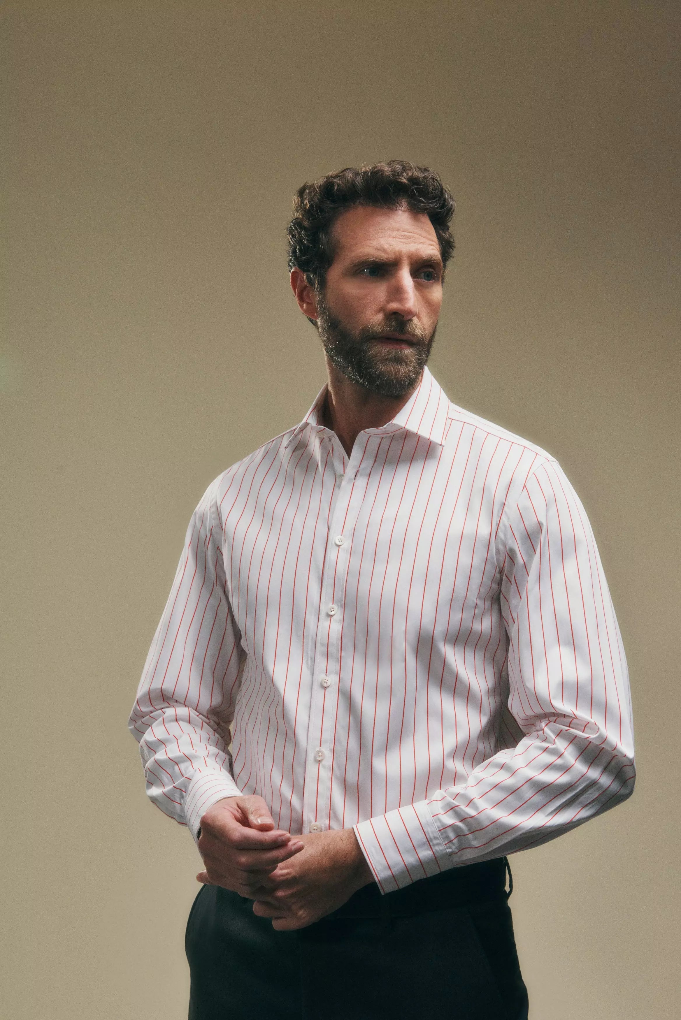 White & Red Tailored Fit Wide Pin Stripe Formal Shirt