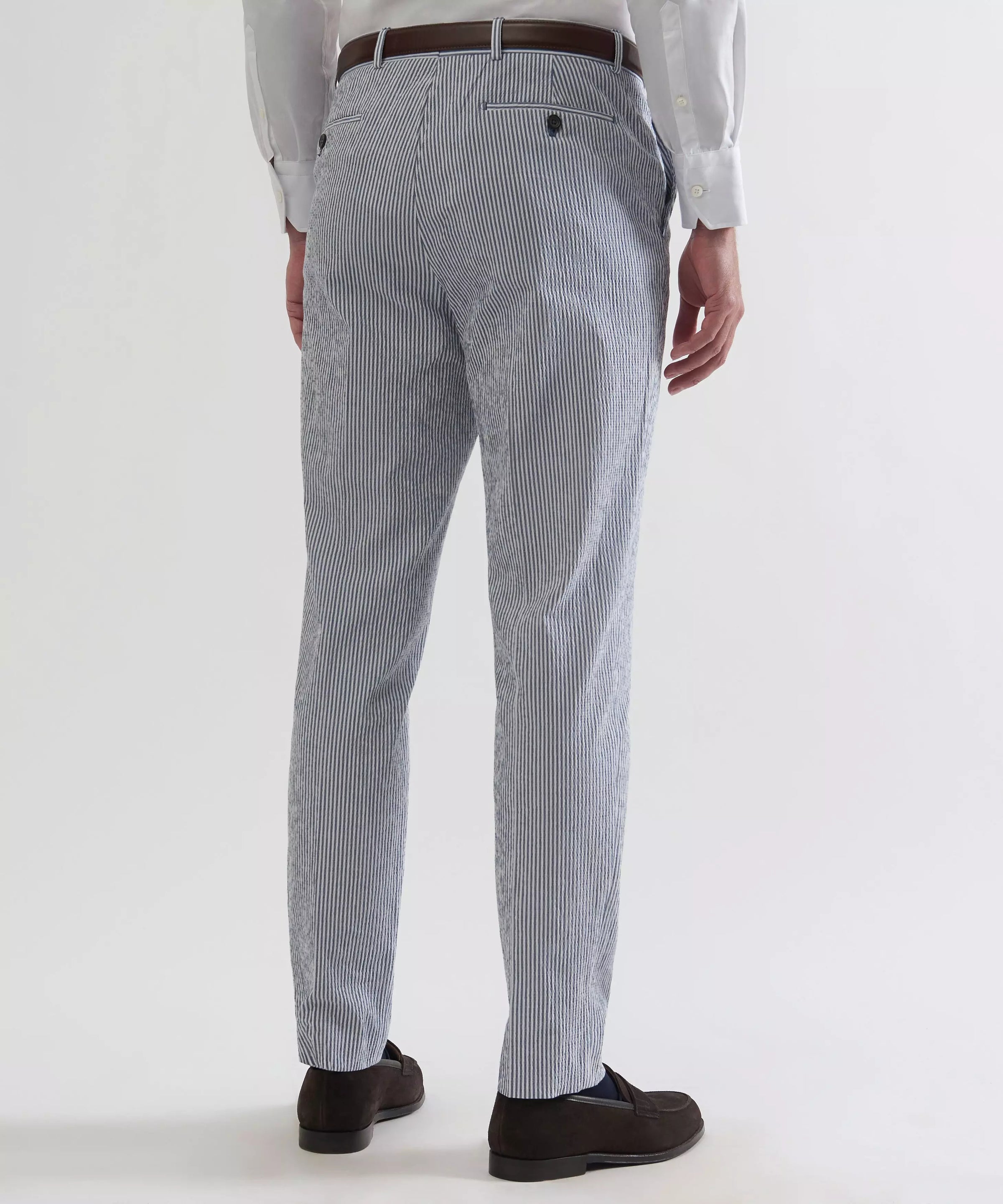 White & Navy Tailored Fit Stripe Seersucker Flat Front Trouser